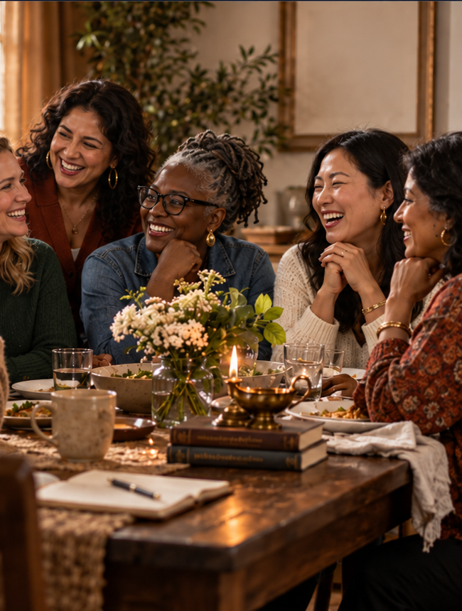 A diverse group of women sharing conversation and a meal around a table